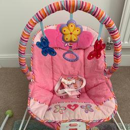 Great bouncy chair that vibrates and offers comfort. Fisher price piano play mat is great fun and offers great stimulation for baby. Both items are in great condition.