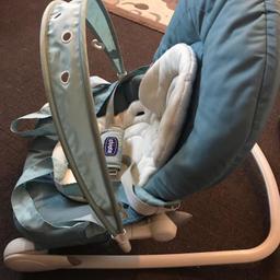 It’s in really good condition. Nothing broken. You carry with belts as shown and it has 3 hanging baby biting toys. Everything in cleaned and very strong chair for sit and sleep.