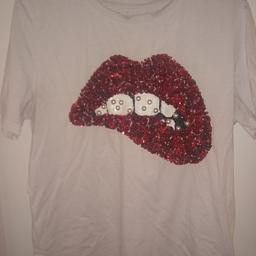White T Shirt with sequinned red lips. Excellent condition