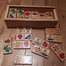 wooden dominoes in wooden box, without lid as it was plastic and it cracked. Dominoes in excellent condition