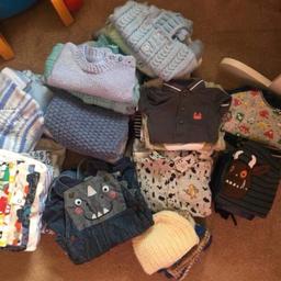 Three bags (not all on pictures) of baby boy clothes ranging from 0-3 months. Jeans, tops, babygrows, vests, hats, dungarees, knitted jumpers/cardigans. Collection Biddulph