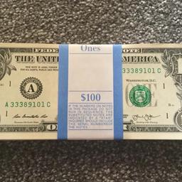Brand new, uncirculated, entirely sequential $1 bills x 100, $100 total, yes this is real money currency, no I’m not interested in swaps or the current exchange rate, the price is as stated, PayPal, crypto currency and cash on collection welcome, Kingsway Gloucester, no time wasters or scammers, ideal for tips and tolls or collectors.
£115 posted
£110 collected
NO OFFERS, OFFERS WILL BE IGNORED.