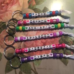 Handmade medical alert key rings,
Can also be made with any medical name/condition with colour or your choice,These can also be personalised with child’s name for book bags,p.e bags or zips of coats.
£1.50each