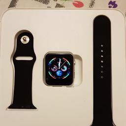 Apple watch clone series 3
comes with wireless charging,
health management sleep,steps heart rate
both ios and Android
I.54 ips screen
takes the Apple 42mm watch straps

You can whatsapp, message, text , video call , phone book , etc.