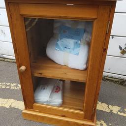 hiya thanks for checking this listing. pine media cabinet with glass door shelf and rear vent for cables. cosmetic signs of wear commensuate with a ised item which would polish out easily. dimensions in centimeters 89h 46d 56w. contents not included.. cash on collection only. thanks