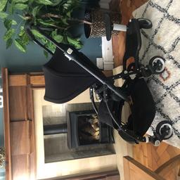 Black frame baby carrycot and toddler chassis. In very beautiful condition.. the price is for the baby carrycot, toddler seat, rain covers,  maxi cosi car seat adaptors, two colour packs black and pink and a bugaboo board seat 
From a smoke and pet free home. The pushchair is in a very very great condition, can’t stress that enough!!! Well loved