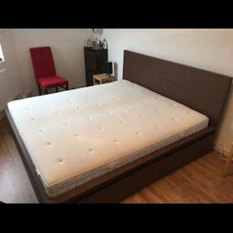 Super king size "MALM" bed from ikea with all four large storage drawers included. Dark brown coloured wood. "Hyllestad" pocket sprung mattress also included. Perfect condition.