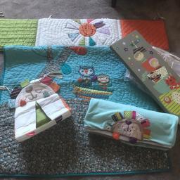 I have a brand new bumper, quilt, nappy sack, fleece blanket and flashing star picture.
All match and never been used. Bought but then changed my mind. Cost nearly £200 new.