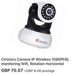 Brand New In Box
Wireless camera
Night vision
Motion Detector
2 Way audio ( talk to whoever is outside your home)
360 degree HD Vision
Alerts your phone,tablet,pc etc
Send alerts with picture to your email
Grab a bargain £75 on eBay
Home collection
Cash on collection
Please ask if you have any questions