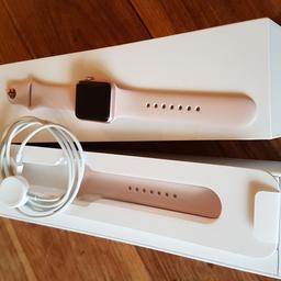 Rose Gold Apple iWatch. As new. Box opened but watch never used or worn. Comes with plug and USB charger, second watch strap for adjustable wrist size (38mm and 42mm).