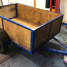 Handy trailer well built and very solid will last for years

New half inch marine ply and wheel arches fitted and treated with creosote

Just been full stripped down and re painted - very solid with no rust or rot

It’s 5ft x 3.5ft and the sides are 18 inches deep

Very handy for tip runs and tows very well