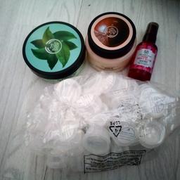 Fugi Green tea body butter, only used a sample or maybe 2 out of it, using a spatula so hasn't been touched

Shea body scrub, brand new

Rose dewy glow face mist, new

Approx 40 sample pots, was a 50 bag but used a few

Will sell separately