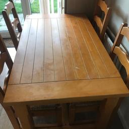 Dining room table and 4 chairs. Small draw on table as shown. Chairs have slight wear on and table a couple of marks / nail polish marks but no structure issues and marks not too noticeable. Selling due to getting a new one. Collection only from S21 4. No time wasters please and only message if genuinely interested and can collect