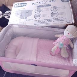 Chicco next to me crib baby pink wuth box still has tag on

Bought as second crib to take away to our caravan so not slept in much.
. Tried show the breathable part that goes on mattress in pics and the cute fox designs
Has box bed straps two sheets to match
Smoke pet free home

Does not come with sleepyhead blanket or rabbit

Picture three is what you will get other pictures show how my daughter slept in it. 

Can post my hermes 13.00