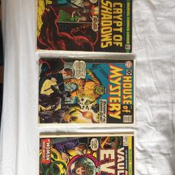 2 x Marvel comics group Vault of evil and Crypt of Shadows (Bronze Age -1970’s) 

1x DC House of Mystery 10c issue 1961

All 3 for £30 or £12 each plus postage. Worth over £50 collectively. 

All in very good to fine condition with no missing pieces and lies flat and off white pages as per normal for print time. 

I use to collect comics, smoke free home