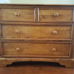 Solid wood chest of drawers. 2 large wide drawers, 2 smaller drawers. Used but in great condition. Height 86cm. Width 110cm. Depth 46cm. Top drawers internal dimensions are 42.5cm wide, 35cm deep, 15.5cm high.
Bottom two drawers internal dimensions are 92cm x 35cm x19.5cm

Collection only