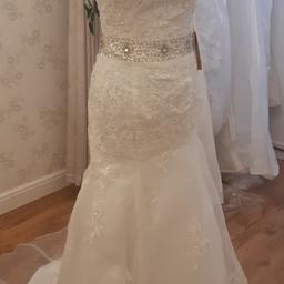brand new beautiful wedding dress with lots of beaded and sequined detail throughout. Has a elegant small train. The dress is of a mermaid trumpet style showing off your figure in the right places.