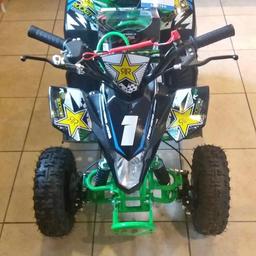 50 green rockstar quad bike hasnt been out for longer then 15 mins got it for my son brand new less then 4 weeks ago its too loud for him its 2stroke bourght him A 70cc 4 stroke now only fault is it needs a pull start as a pulled it to hard and snapped Doesn't come with helmet and can be seen running 
