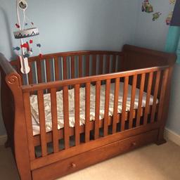 Solid wooden cot bed. With mattress if needed.3 heights. Roll out handy drawer underneath for storage.
A few scratches and scraps with use to be expected. Nothing too major.
Buyer to collect. Has been dismantled ready to take away new bed coming.
62”L x 31”W approx.
Mattress size 54” x 27” approx.
From pet and smoke free home.
Genuine buyers only.