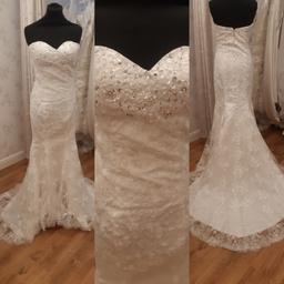 brand new ex sample dress. Size 6-8. so much detail, mermaid trumpet lace wedding dress brings all your romantic wedding-day dreams to life. With its sweetheart neckline and sheer, graphic lace, detailed buttons from top all the way down to its elegant train.