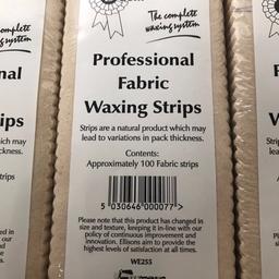 Ellisons Beauty Salon supplies
400 Professional fabric wax strips

High quality, disposable waxing strips
Ideal for tough, stubborn hairs
Fabric gives more pulling strength
Use with soft, creme & gel waxes
4 packets with 100 strips

Postage available The Royal Mail 2nd class postage £2.99