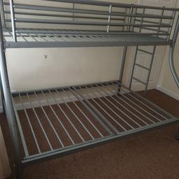 metal framed triple sleeper bunk bed, no mattresses. delivery is possible or its available for collection. located in rugeley ws15 but can deliver. ladder can be used at either end. it's a full size standard double mattress and a full size standard single mattress.