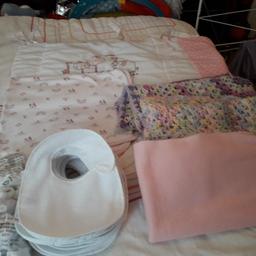 Girls cot bumper and blankets bibs and mits all good clean
