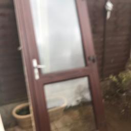 Measurements are of frame size 
Width 890
Height 2045 
UPVC used double glazed Back Door In Frame Ready To Be Fitted. 
Comes with 3 x keys 🔑 
Outside brown inside white 
Opening outwards Hinges on left hand side 3 x keys