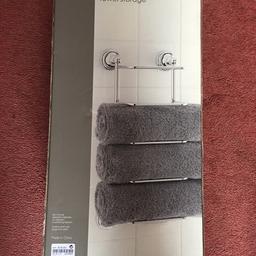 Brand new towel rack. Just been stored in the shed and is no longer needed. Fittings included.
H 50cm 
W 20.5cm
D 12cm
The measurements don’t include the round wall brackets that you can see on the photo of the box.