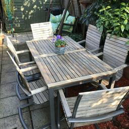 Solid Teak Garden Table and six chairs

Table is 0.85m x 1.6m

Table legs dismantle for transport

Can deliver locally

Can on collection or delivery only