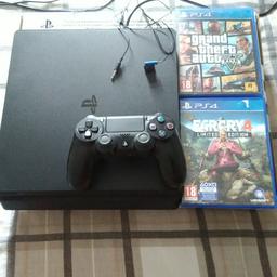 PS4 slim 500gb one controller 2 games. GTA 5,  Far cry 4. Headphones and leads. No outer box but I have the inner box. Bargain at £120.