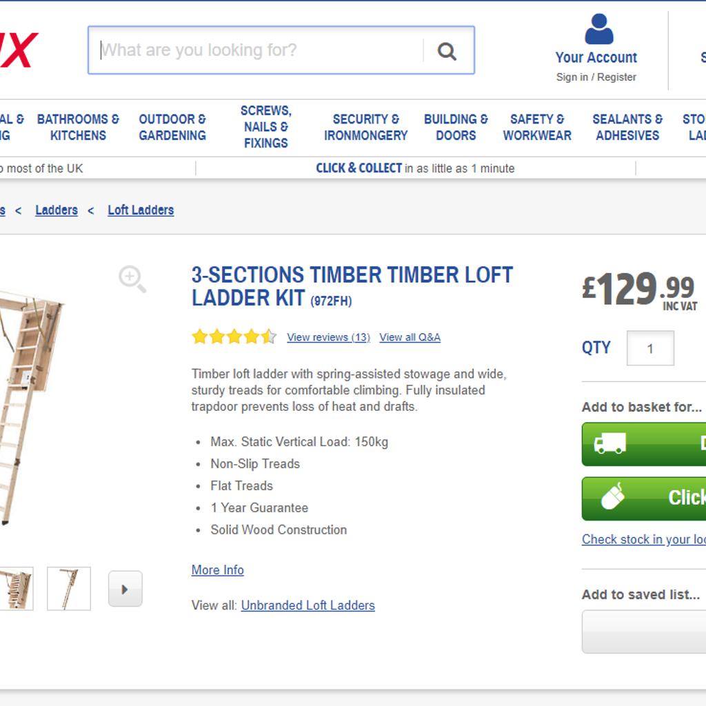 LOFT LADDER KIT TIMBER 3SECTION NEW SCREWFIX in WS10 Walsall for £65.