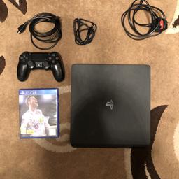 PS4 slim 500 GB
Includes:power cable,charger,HDMI cable,1controller,FIFA 18
Used but in good condition