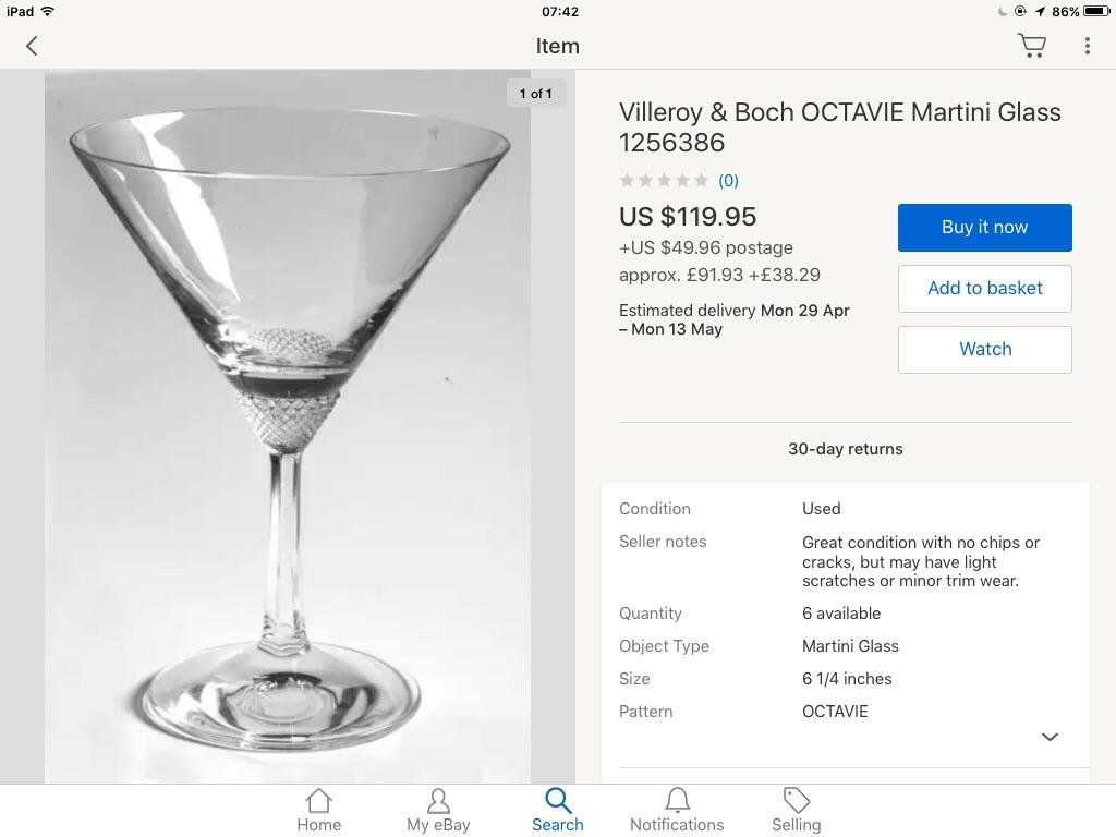 Villeroy Boch octavie martini glasses 4. New in Teignbridge for £120.00