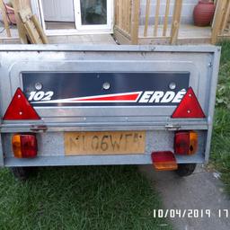 erde 102 tipper camp trailer good allround condition little crack on back light were its been stored everthing works and tows very well easy to store too spare lense with it ring or text 07873578531