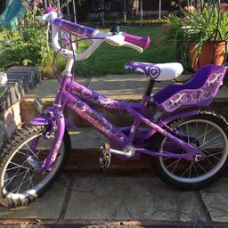 Beautiful girls purple bike with dolly/teddy seat and bell.
Great condition slight clip out of side of seat. That’s the only fault I could find.
It has been stored in the garage and hasn’t been used much. Collection only