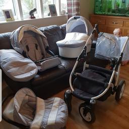 full pram set, car seat toddler seat carry cot changing bag pram frame net cover and rain cover. I only ever used the car seat on the frame a few times an I needed double pram,
