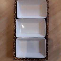 6* Glas in Blütenmuster und 3teilige Porzellan Schale im Korb für verschiedene Speisen z.b Spundekäse mit Brezeln, Oliven Peperoni käse... je Set 4€