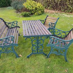Cast iron & wooden garden table with bench and 2 chairs. Very solid, heavy & good condition. Table measures 140cm in length and 68cm in width. Nationwide delivery can be arranged at buyers cost, please ask for a quote with your postcode.