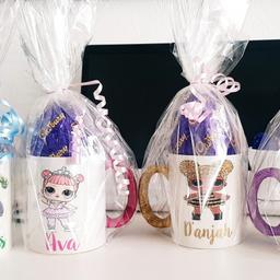 Personalised glitter cups... 
come with Easter egg (for easter)
or different chocolate for birthdays/gifts etc 

£5 each
All different designs and all different colours