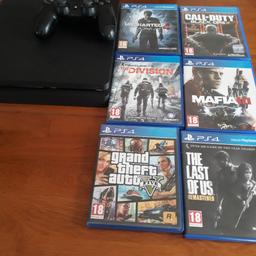 ps4 slim 1 tb excellent condition 1 controller 6 games and all the leads . games are: uncharted 4,call of duty black ops 3,the division,mafia 3,grand theft auto 5,the last of us remastered. top games.