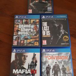 5 games for ps4 games including.. grand theft auto 5  ,,  call of duty 3  ,,  the last of us remastered   ,,  mafia 3 ,,  and the division.