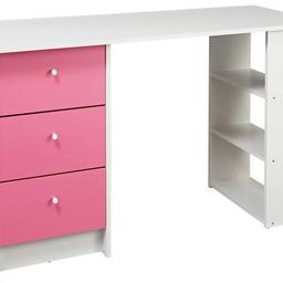 Argos Malibu 3 drawer desk with shelves. White and pink in colour 120cm  wide. Can be built with drawers at either side.

Originally cost £54.99

Ikea pink desk chair. The wheels are a bit stiff but it's still usable. With gas lift.

There is some signs of wear on the desk, which I've pictured and one of the drawers has some marks inside. But there's still lots of life left in it.