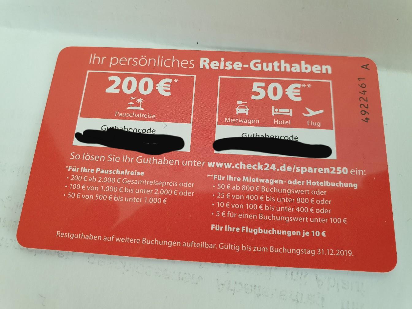 250 Euro Guthaben von CHECK24 für Reisen in 68161 Mannheim für 1,00