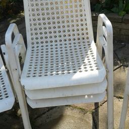 Set of six outdoor chairs ideal for bbqs as stack into small space decent Condition one has slight damage but still useable