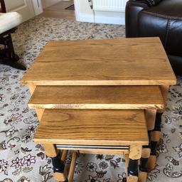 Light oak tops oak coloured legs with black highlights newly refurbished overall size 19 inch length 13 inch width 19 high £
