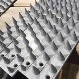 Over 7m of strips. 4.5cm wide. Spikes are 1.5cm. They are sharp but made of plastic so not too aggressive. About half of them have been used but perfectly fine to use again.