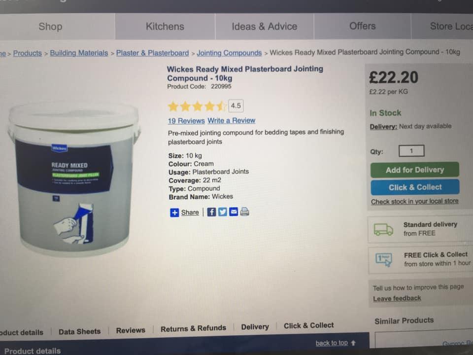 Wickes Ready Mixed Jointing Compound in ME14 Maidstone for £15.00 for sale Shpock