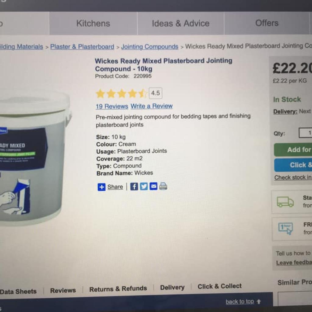 Wickes Ready Mixed Jointing Compound in ME14 Maidstone for £15.00 for sale Shpock