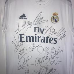 Signed Real Madrid shirt from their 2015/2016 Champions League winning season.

The shirt is signed by the likes of Ronaldo, Ramos, Pepe, Bale, Marcelo, James to name a few.

The item comes with COA to prove the authenticity of the item.

Open to sensible offers. Any questions, please do message.